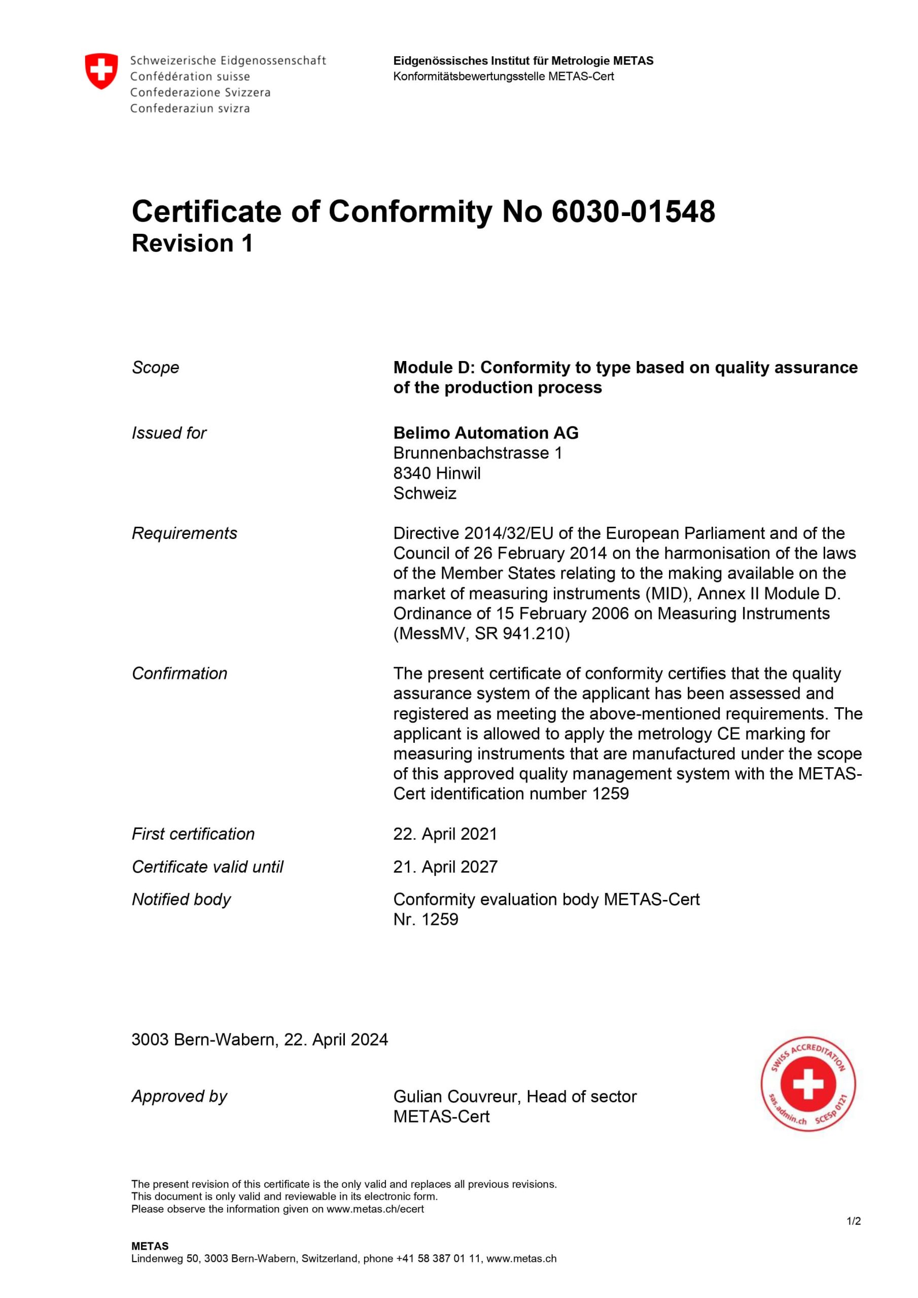 Certificate of Conformity according to the Measuring Instruments Directive (MID) 2014/32/EU
