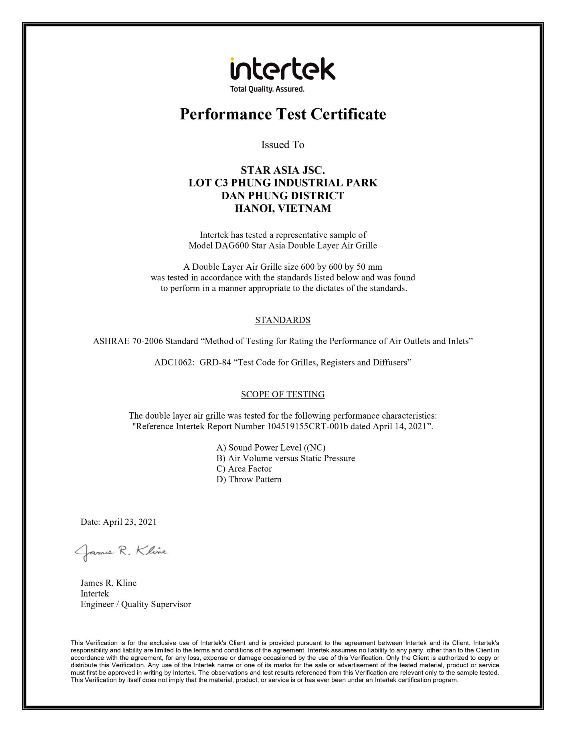 Intertek Certification for Double Deflection Grilles (DAG)